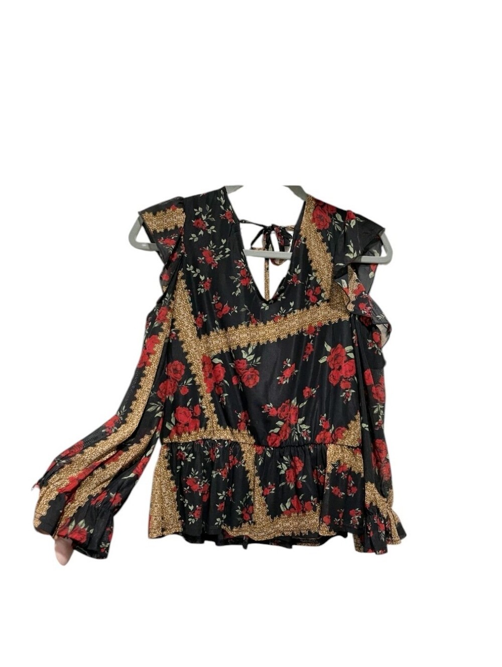Black Floral Ruffle V-Neck Blouse with Red Roses - Picture 4 of 5